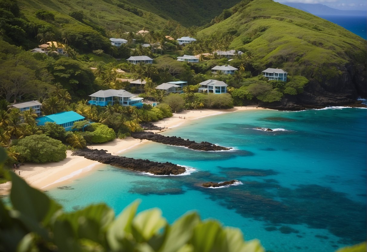 A picturesque Hawaiian landscape with small, colorful houses nestled among lush greenery and surrounded by turquoise waters