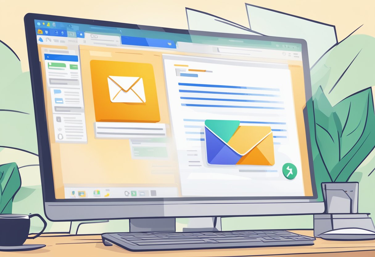 A computer screen with an open Outlook email, a cursor hovering over the body of the email. A small pop-up menu appears with options to insert special characters. An arrow symbol is selected and inserted into the email