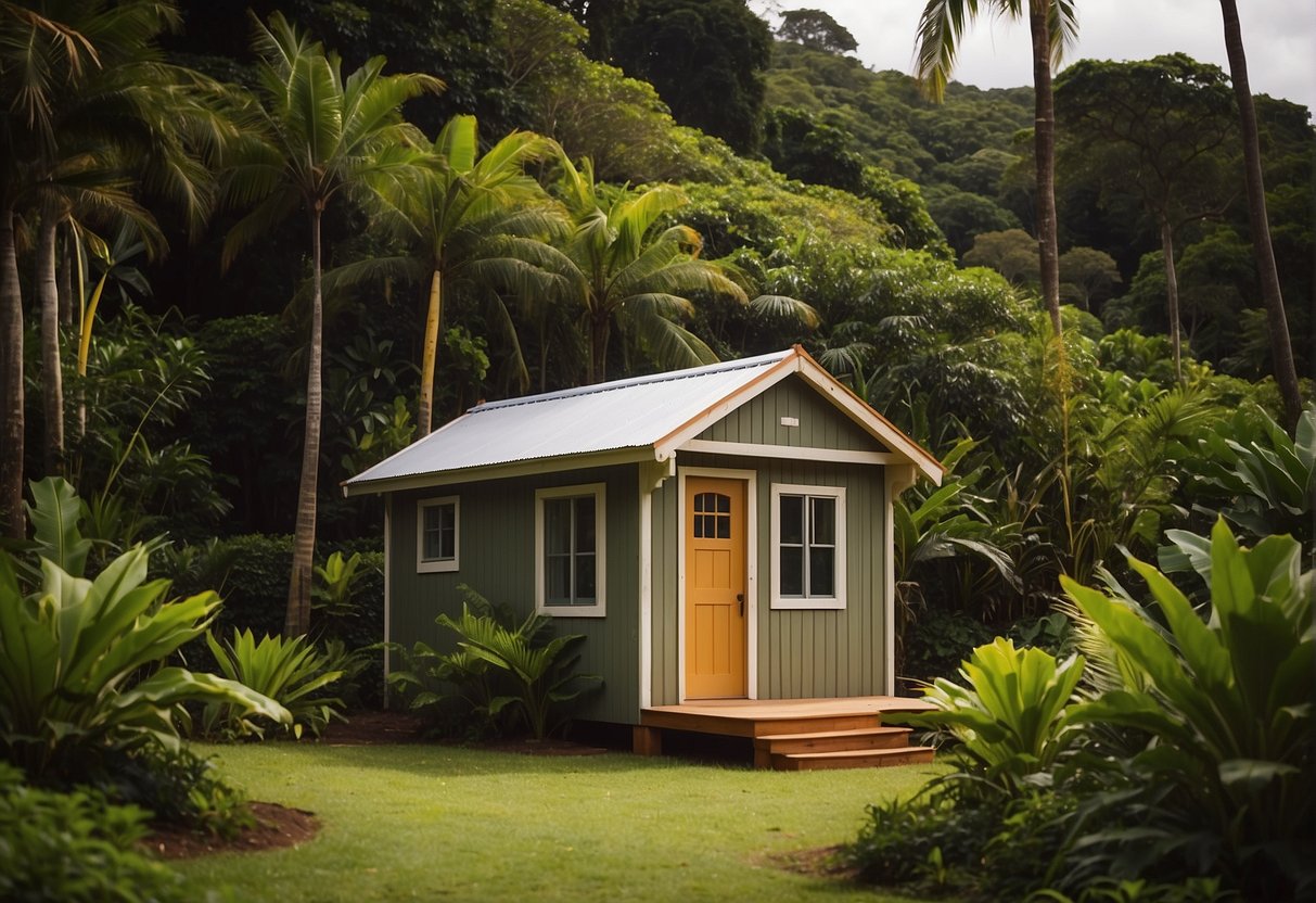 A tiny house sits on a lush green plot of land in Hawaii, surrounded by tropical vegetation. The house is compact and well-designed, with a small footprint that adheres to local zoning regulations
