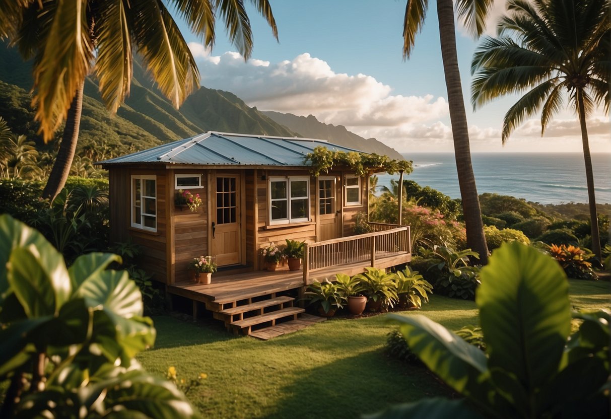 A cozy tiny house nestled on a lush Hawaiian landscape, surrounded by swaying palm trees and colorful tropical flora. The sun is shining, and the ocean is visible in the distance, creating a serene and idyllic setting