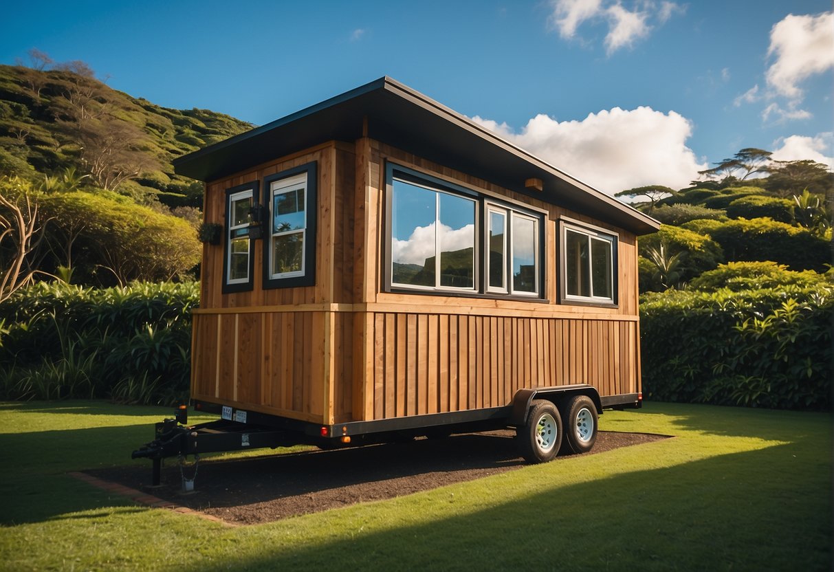 A tiny house sits against a backdrop of lush greenery and clear blue skies, with the words "Frequently Asked Questions: Are tiny houses legal in Hawaii" displayed prominently