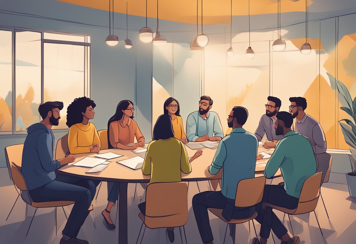 A group of people gathered around a table, engaged in deep conversation, gesturing and brainstorming various "what if" scenarios. An atmosphere of creativity and collaboration fills the room