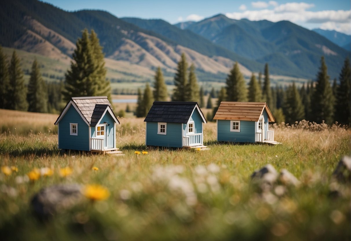 Tiny houses scattered across a picturesque Idaho landscape with mountains in the background