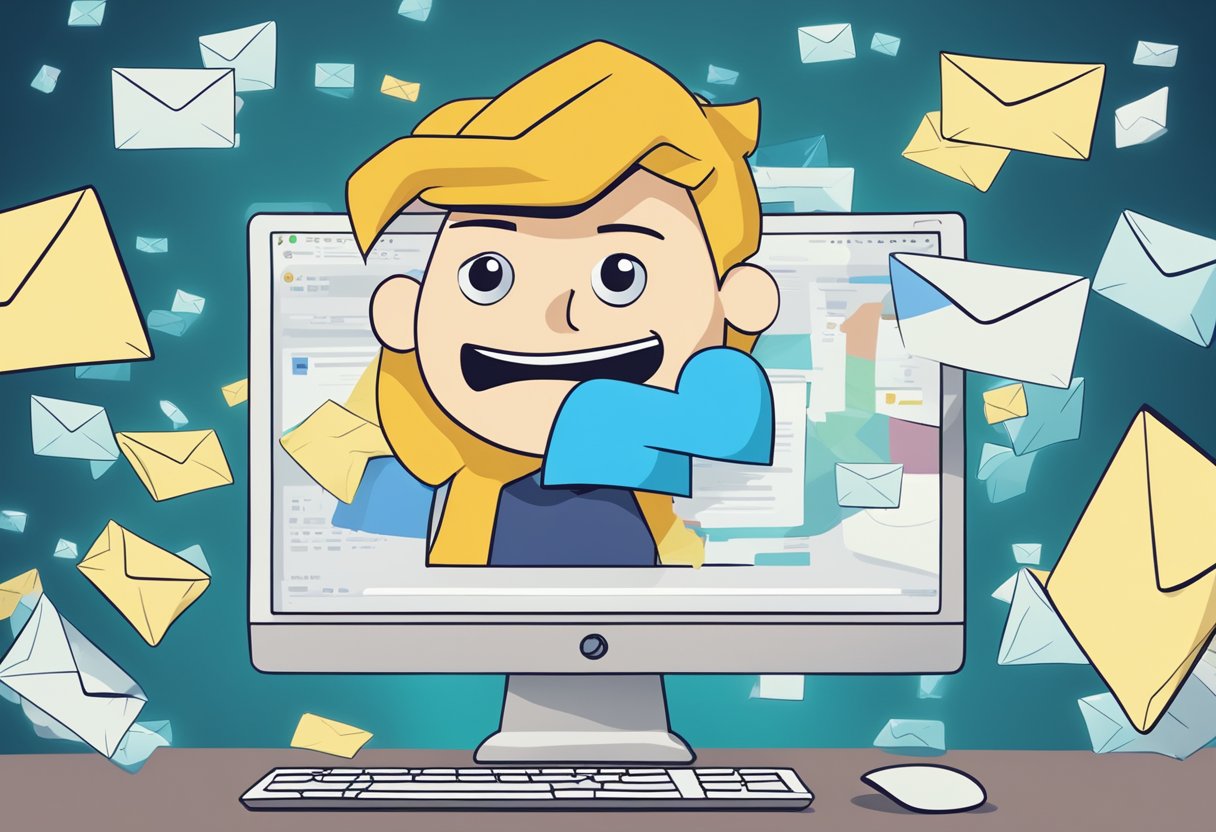 A computer screen displaying Outlook settings with a puzzled expression on the face, surrounded by deleted emails floating in the air