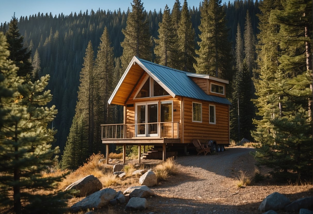 A tiny house sits nestled in the Idaho wilderness, surrounded by tall pine trees and a clear blue sky