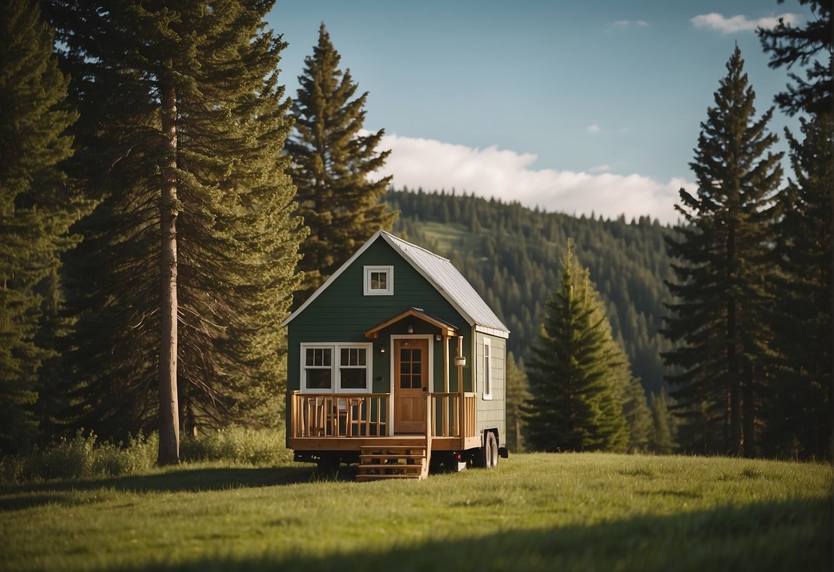 A tiny house sits on a green hill in Idaho, surrounded by trees. A sign nearby reads "Frequently Asked Questions: Are Tiny Houses Legal in Idaho?"