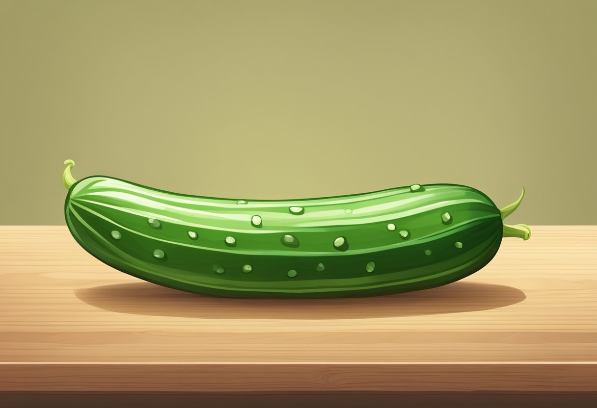 A green cucumber rests on a wooden cutting board, its smooth skin reflecting light. The cucumber is straight and firm, with small bumps running along its length