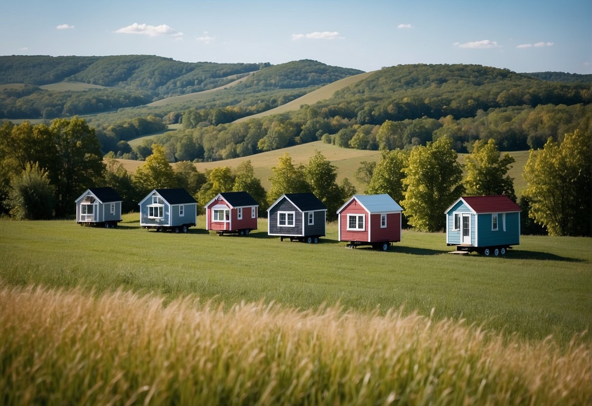 Tiny houses dot a serene Illinois landscape, nestled among rolling hills and lush greenery, with clear blue skies overhead