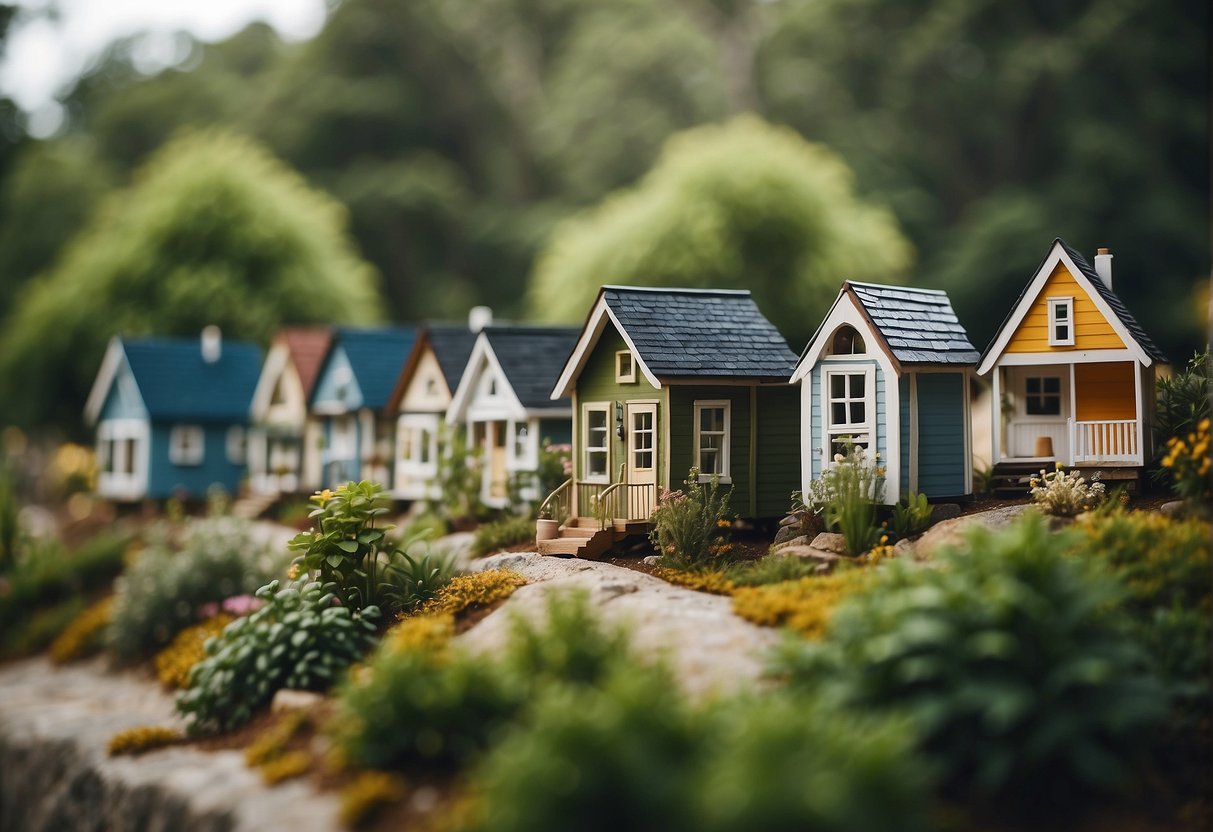 A cluster of tiny houses nestled in a cozy community, surrounded by lush greenery and friendly neighbors