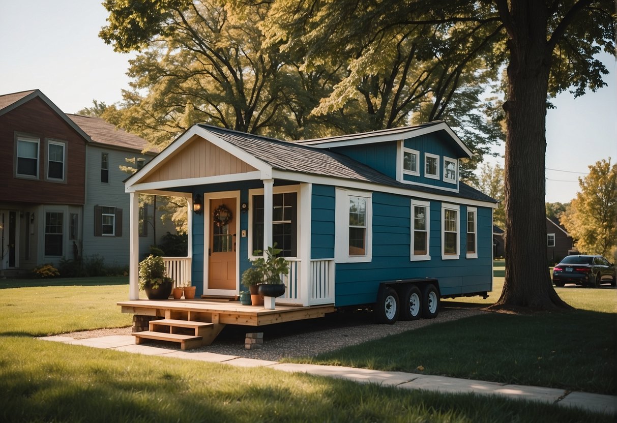 A tiny house sits on a grassy lot in Illinois, surrounded by trees and a clear blue sky. The house is small but well-designed, with a charming exterior and a welcoming front porch