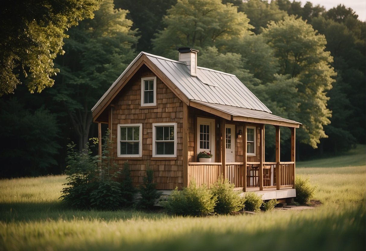 A quaint tiny house sits nestled in a rural Indiana landscape, surrounded by rolling hills and lush greenery