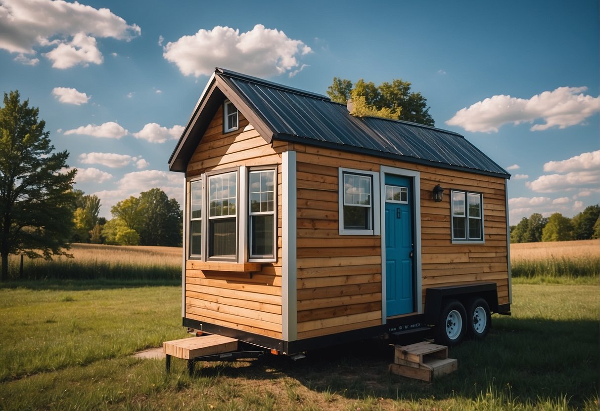 A tiny house nestled in a peaceful Indiana landscape, surrounded by rolling hills and lush greenery, with clear blue skies above