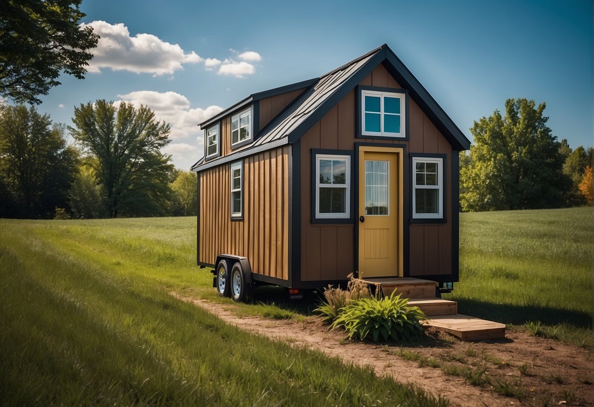 A tiny house nestled in a serene Indiana landscape, with a clear blue sky and rolling green hills in the background