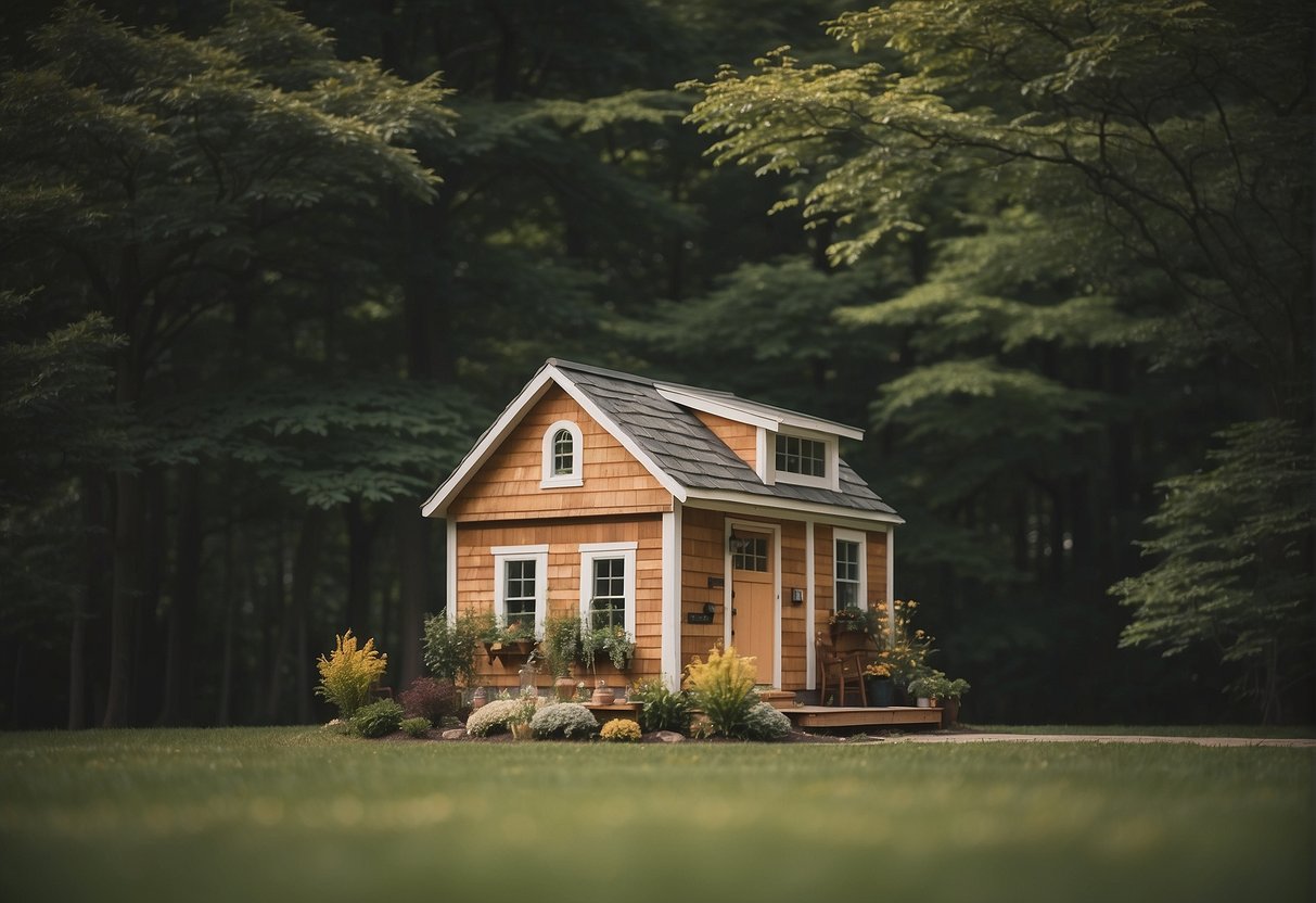 A tiny house sits on a grassy plot in Indiana, surrounded by trees. A sign with "Frequently Asked Questions" is posted nearby