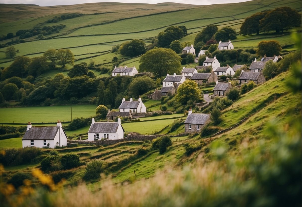A quaint village in Ireland with small, colorful houses nestled among rolling green hills and surrounded by lush vegetation