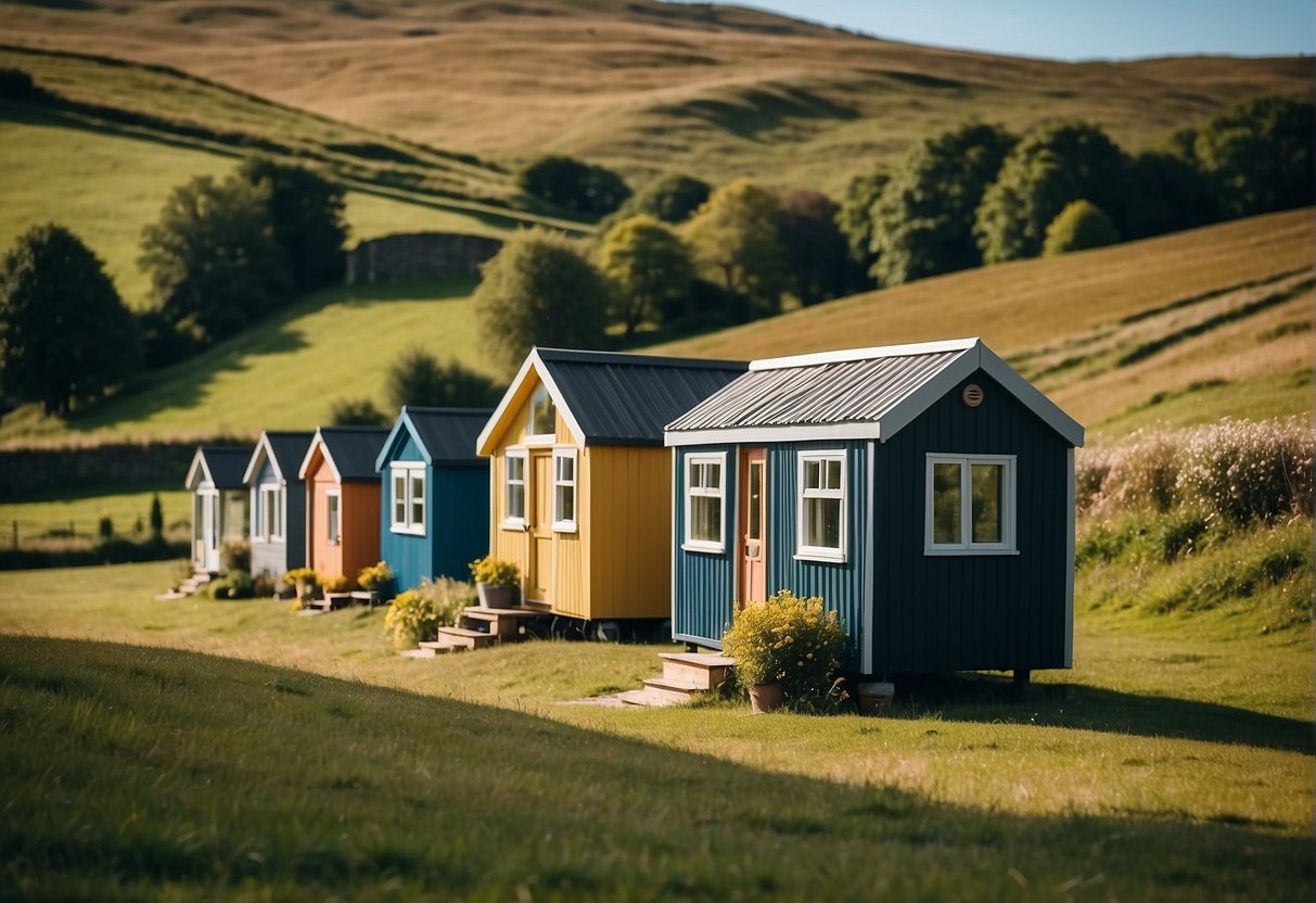 Tiny houses nestled in a serene Irish countryside, with a backdrop of rolling green hills and a clear blue sky. A sign nearby indicates compliance with local regulations