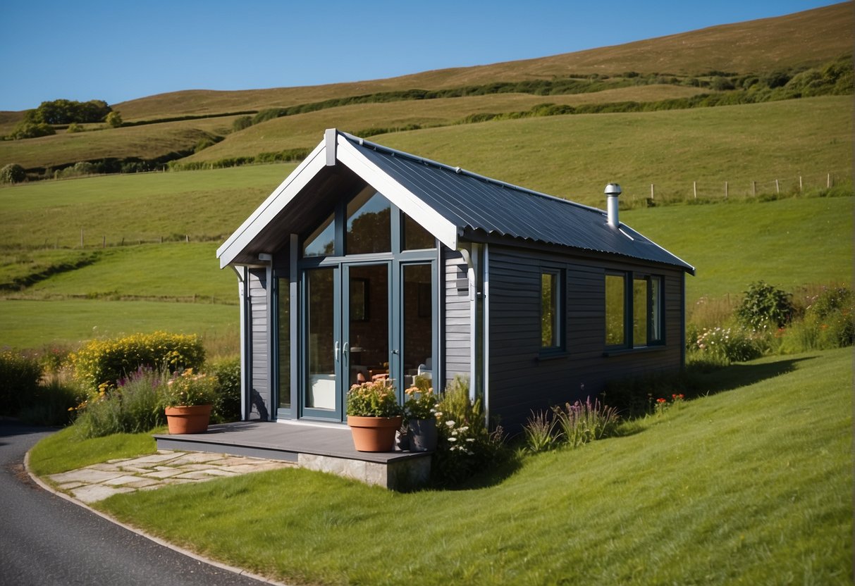 A tiny house nestled in the lush Irish countryside, surrounded by rolling green hills and a clear blue sky. A mix of modern and traditional architecture, showcasing the benefits and challenges of tiny living in Ireland
