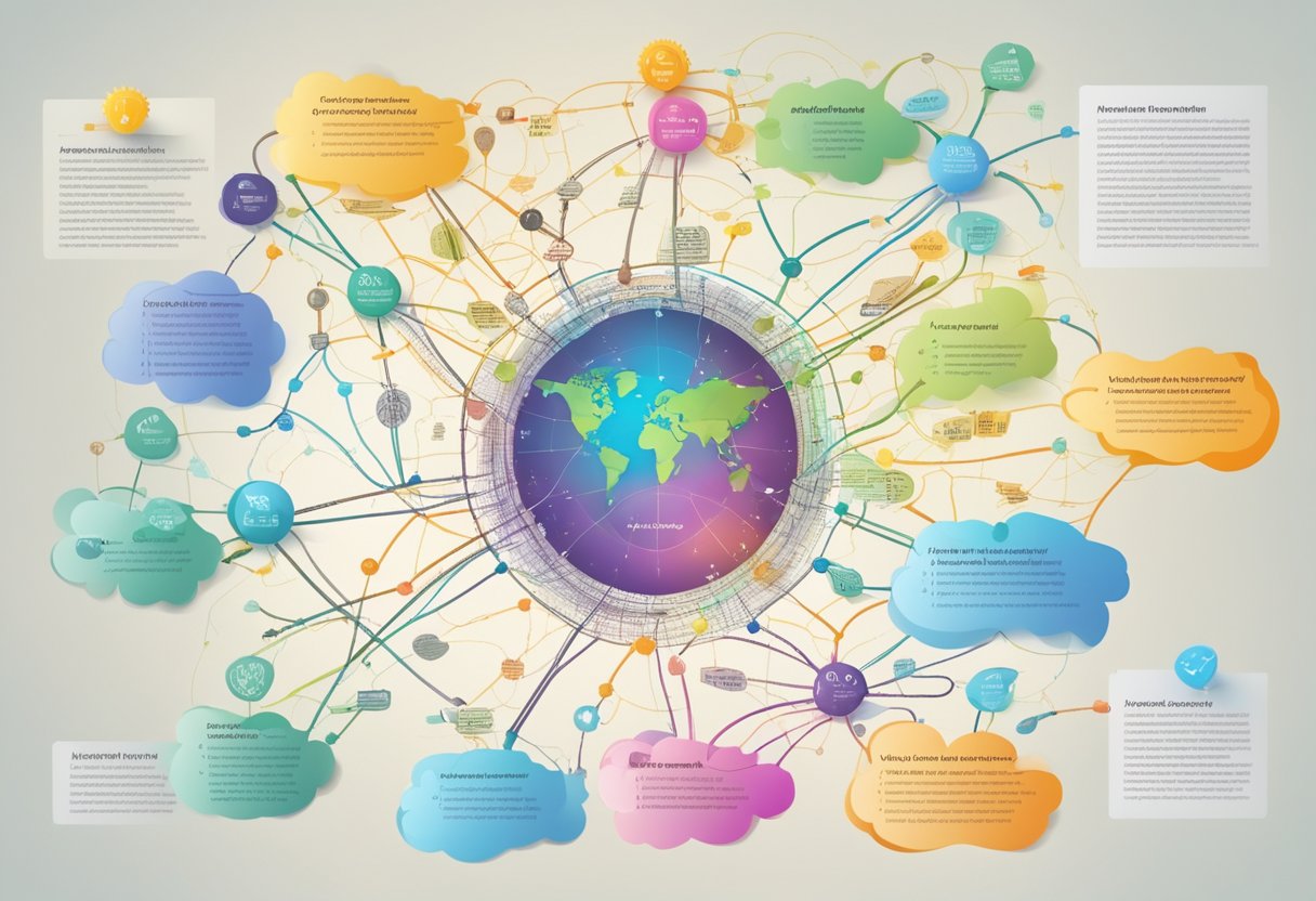 A colorful mind map with interconnected ideas and key words, radiating from a central topic, surrounded by smaller branches and details