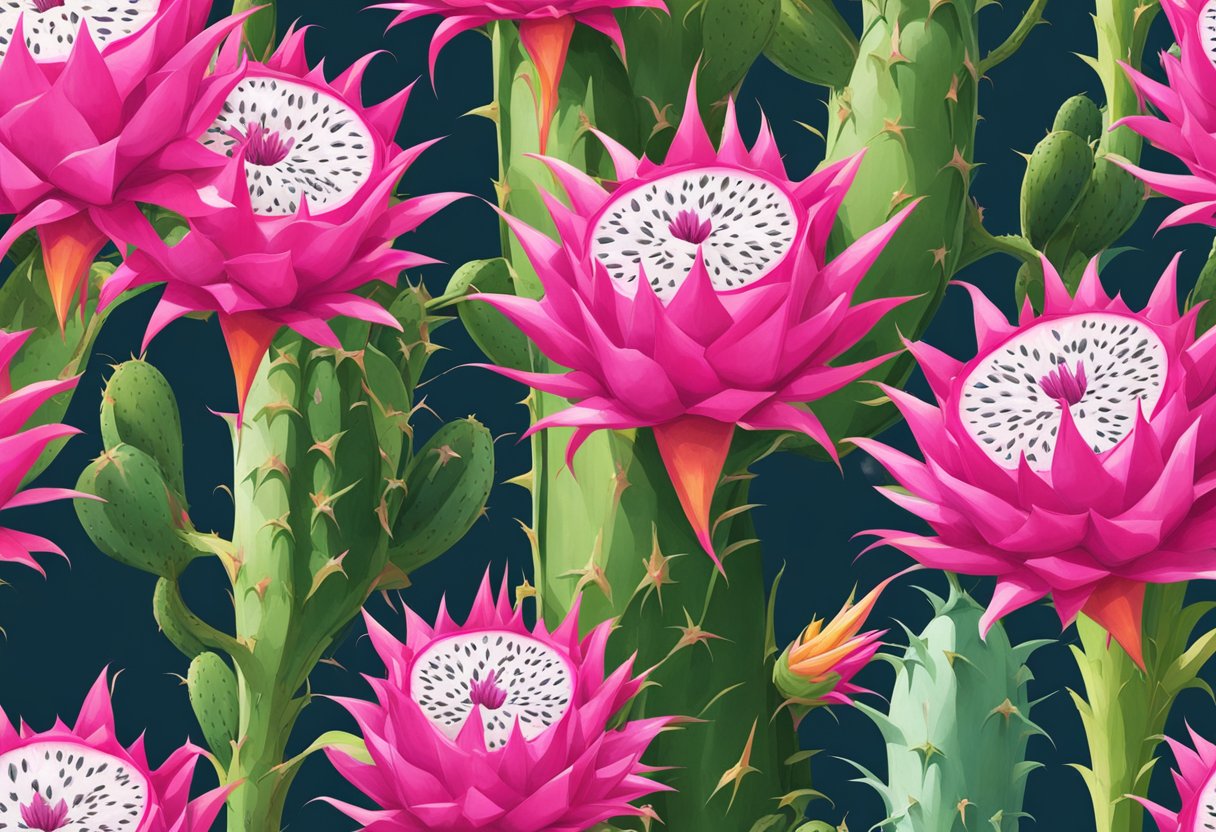Dragon fruit grows in tropical climates with hot temperatures and high humidity. The plant has large, bright pink flowers and large, spiky, oval-shaped fruits hanging from cactus-like vines