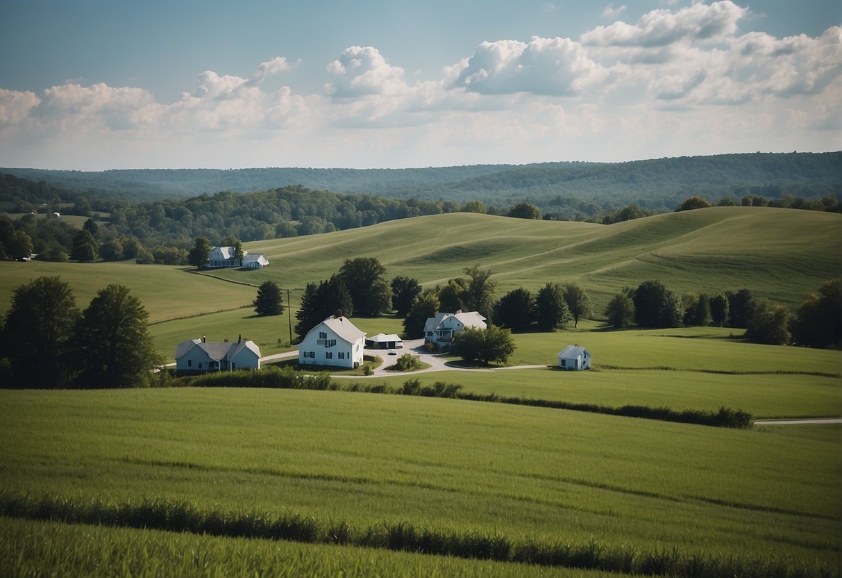 A rural Kentucky landscape with small, quaint houses scattered among rolling hills and green fields