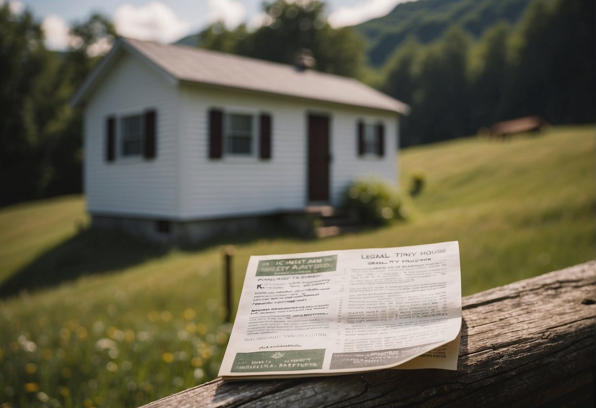 A small, charming house sits nestled among rolling hills in Kentucky, with a sign displaying "Legal Tiny House" and a zoning regulation document nearby