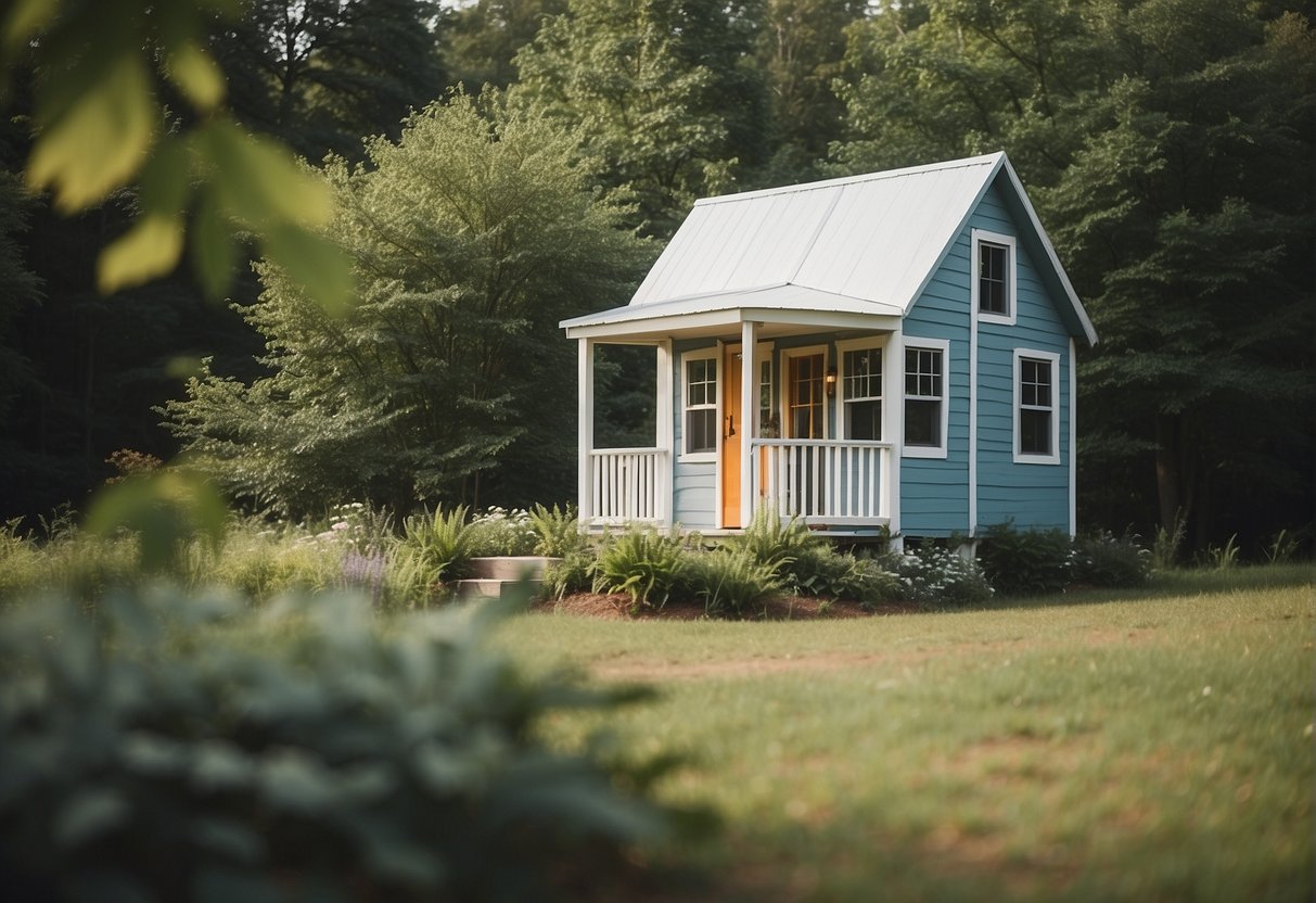 A tiny house nestled in a serene Kentucky landscape, surrounded by lush greenery and a clear blue sky