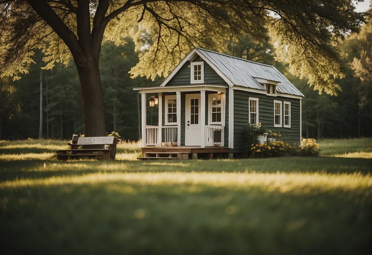 A tiny house sits on a green Kentucky landscape, surrounded by trees and under a clear blue sky. A sign with "Frequently Asked Questions" is posted nearby