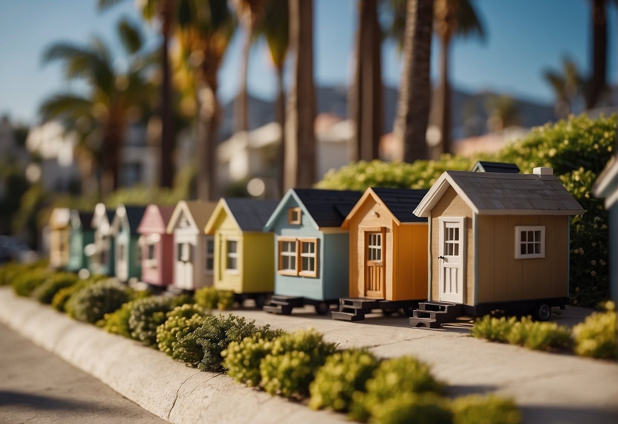 A row of tiny houses nestled in a Los Angeles neighborhood, surrounded by palm trees and city buildings