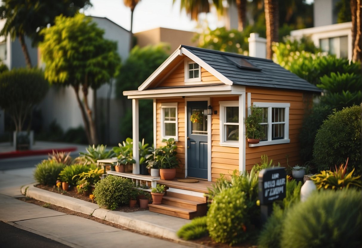 A small, charming tiny house nestled in a vibrant Los Angeles neighborhood, surrounded by lush greenery and modern city buildings, with a sign indicating its compliance with zoning laws