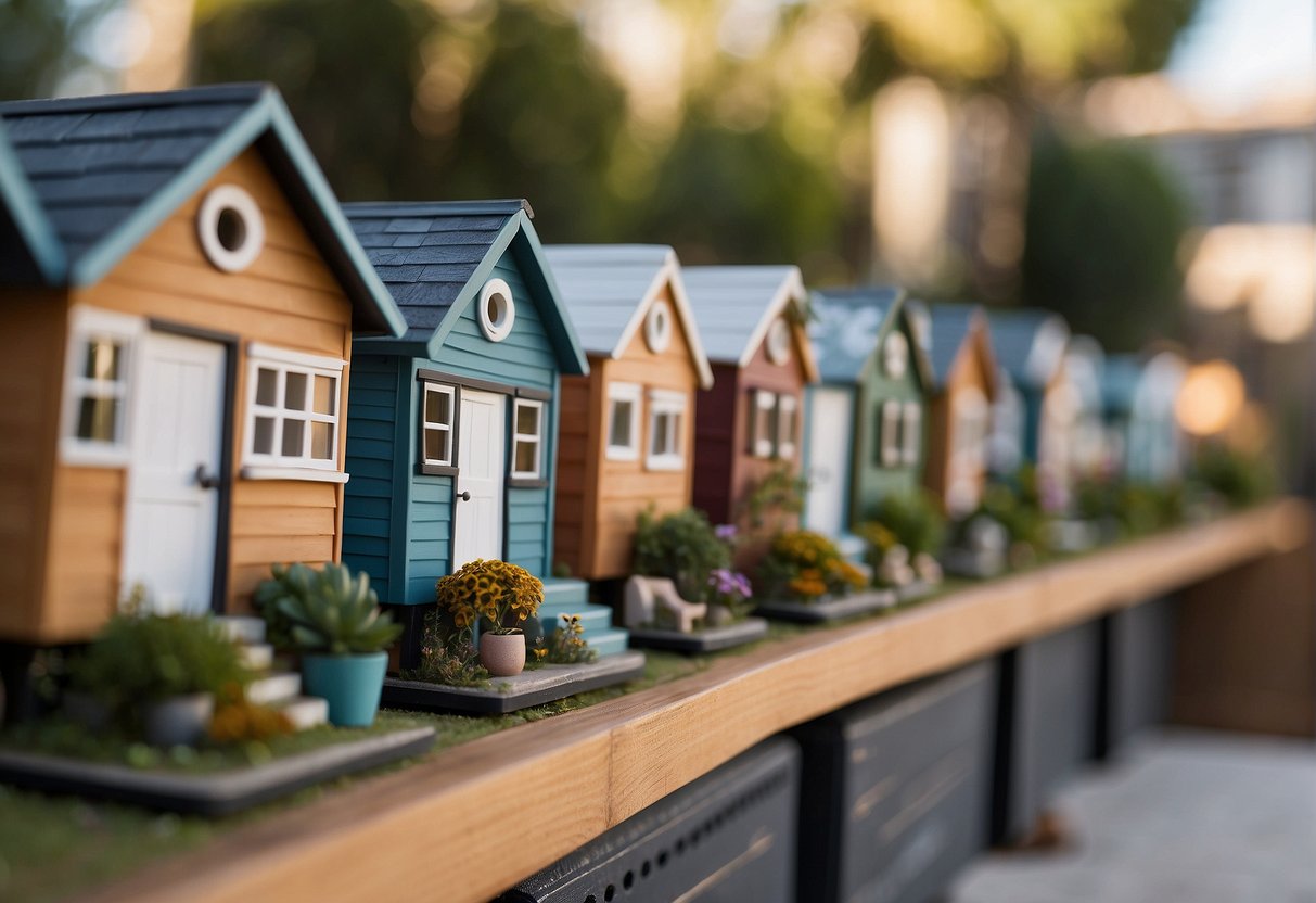 A row of tiny houses in Los Angeles, with a sign reading "Frequently Asked Questions: Are Tiny Houses Legal?" in the foreground