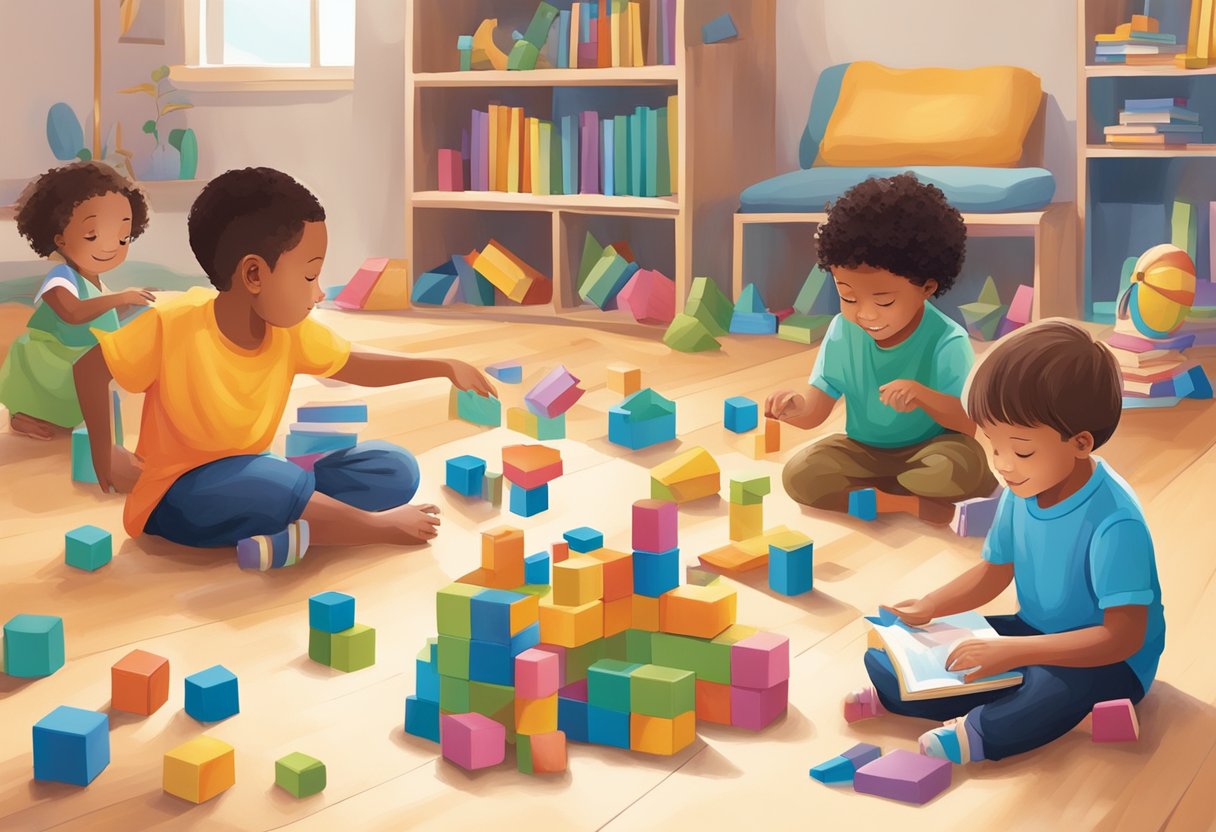 Creativity Unlocked: Activities to Spark Innovative Thinking in Everyday Life creativity LearningMole Children playing with colorful blocks, building imaginative structures. A book titled "Unlocking Imagination Through Play Creativity Unlocked" sits nearby