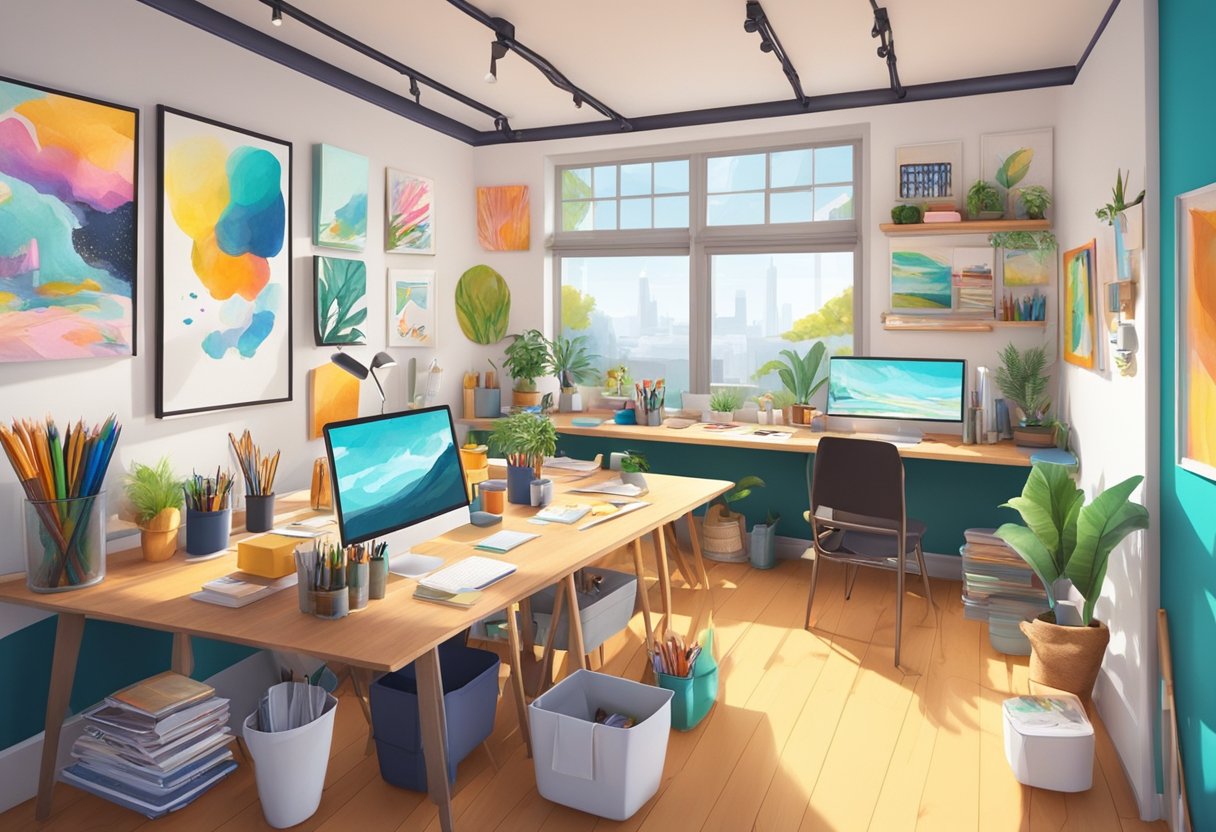 Creativity Unlocked: Activities to Spark Innovative Thinking in Everyday Life creativity LearningMole A colorful, open workspace with various art supplies, brainstorming tools, and inspirational quotes on the walls. The room is filled with natural light and vibrant energy