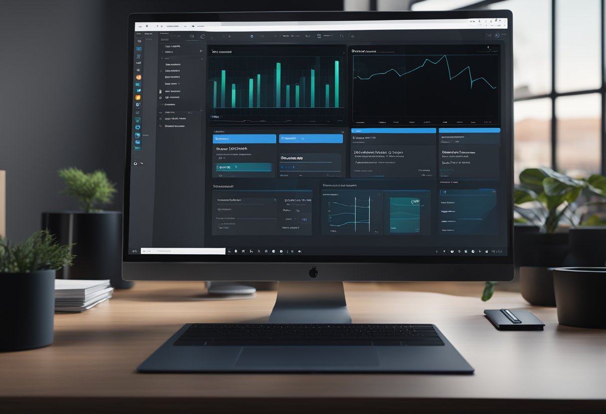 A computer screen displays the Outlook interface with the dark mode option being activated. The color scheme shifts to darker tones, creating a visually striking contrast