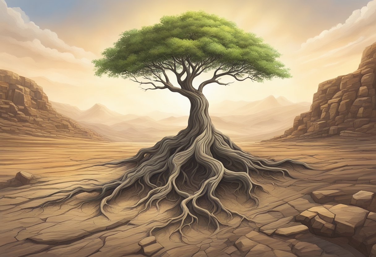 Embracing Constraints: Unleashing Creative Potential Through Limits constraints LearningMole A lone tree growing in a rocky, barren landscape, its roots stretching to find purchase in the harsh terrain, symbolizing the power of embracing constraints to fuel creativity