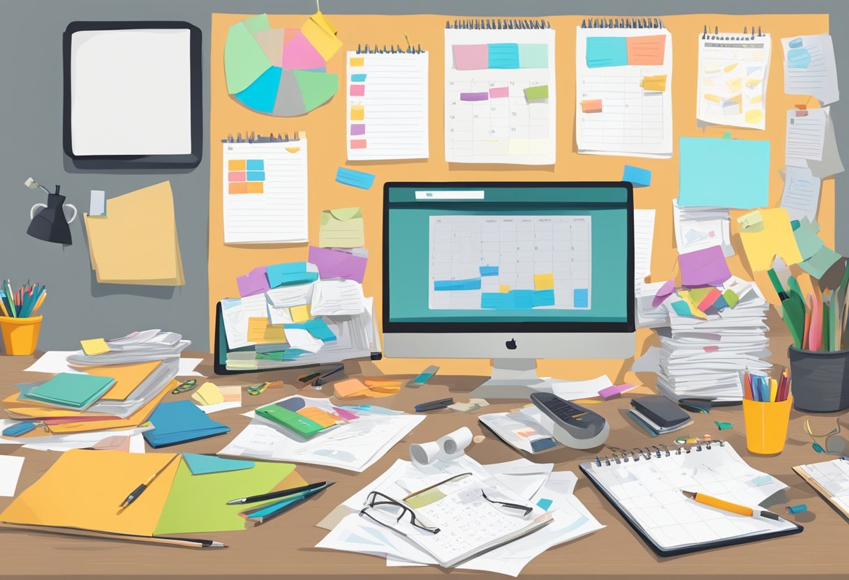 Embracing Constraints: Unleashing Creative Potential Through Limits constraints LearningMole A cluttered desk with a ticking clock, scattered papers, and a half-finished project. A calendar with looming deadlines and a brainstorming board filled with colorful ideas
