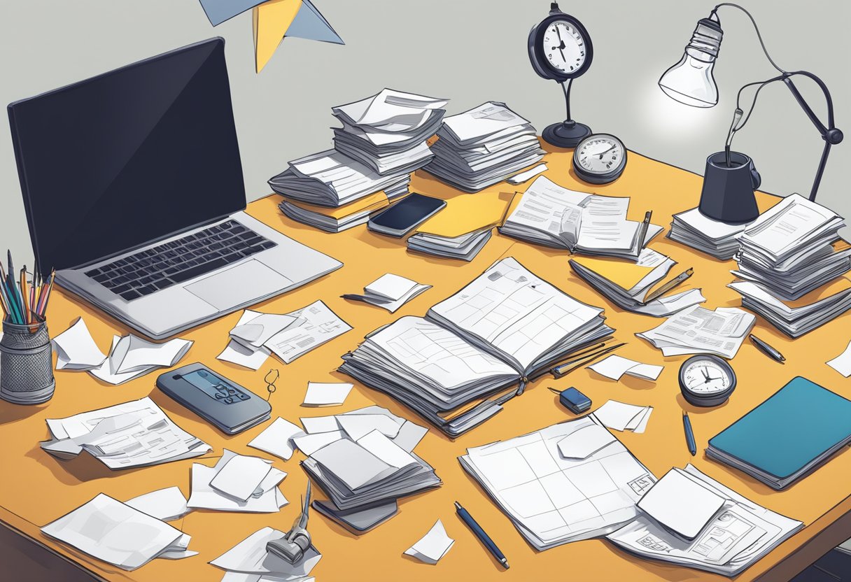 A cluttered desk with scattered papers and a lightbulb overhead, symbolizing the moment of inspiration and innovation