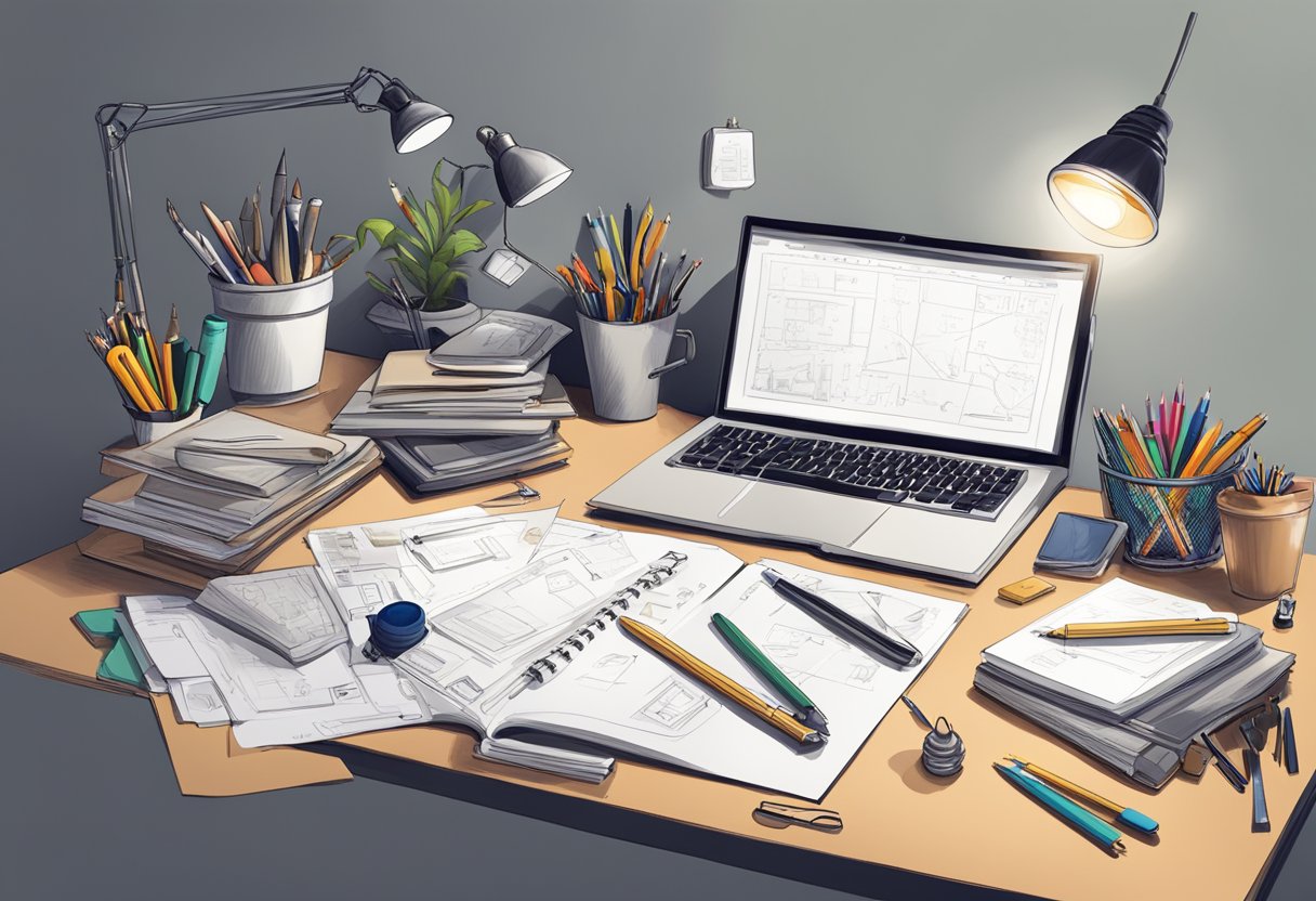 A cluttered desk with scattered tools, a lightbulb glowing above, and a notebook filled with sketches and ideas