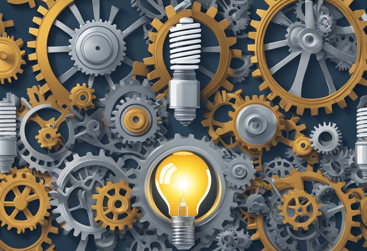 A lightbulb surrounded by gears, with a spotlight shining on it