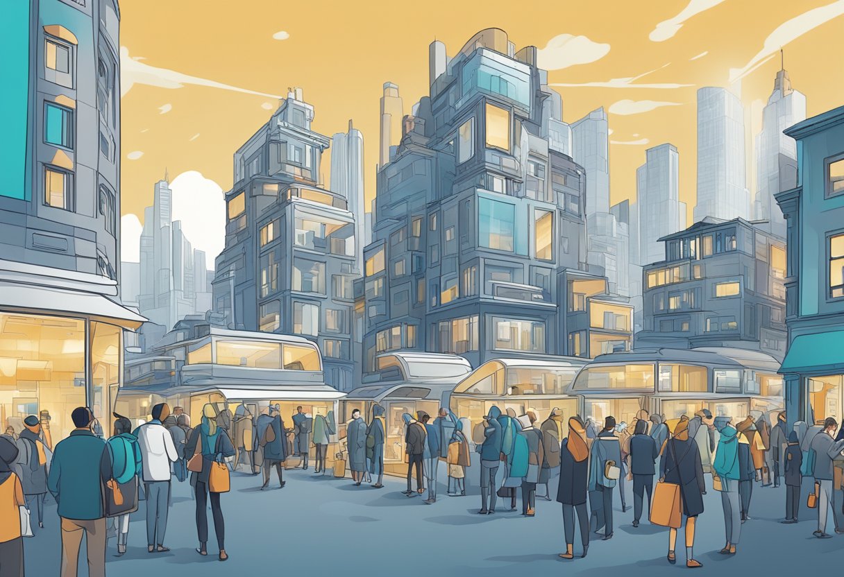 A bustling city street with a mix of traditional and modern buildings, showcasing the contrast between old and new industries. A group of people huddled around a futuristic-looking product demonstration, symbolizing innovation in response to industry disruption