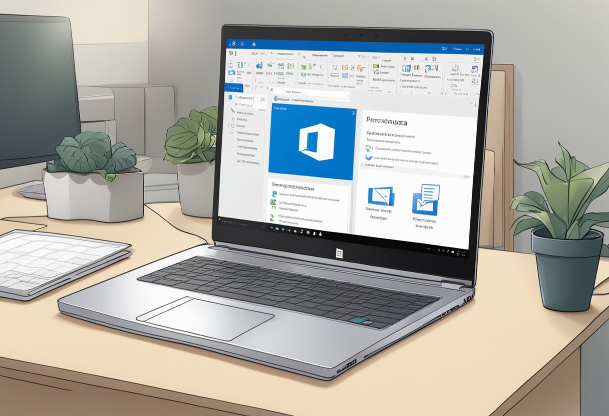 An open laptop with the Microsoft Outlook application displayed on the screen, with a cursor hovering over the "personmetadata" option in the settings menu