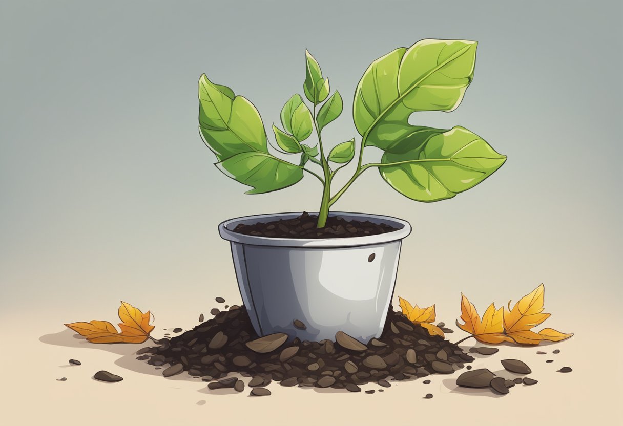 A wilted plant surrounded by fallen leaves, with a broken pot lying nearby. A small sprout emerges from the soil, symbolizing growth from failure