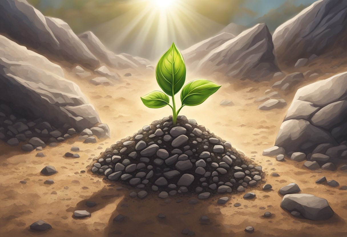 A seedling pushing through rocky soil, reaching towards sunlight despite obstacles