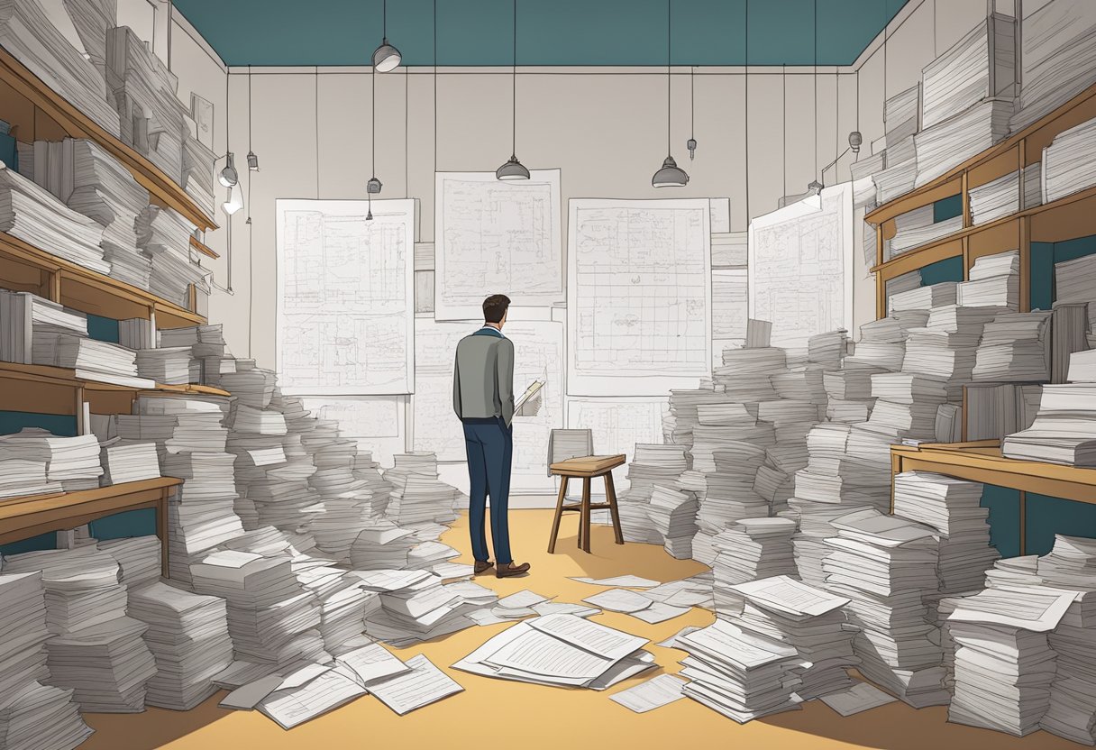 A figure stands before a wall covered in notes and diagrams, surrounded by books and papers. They look determined, ready to turn failure into feedback