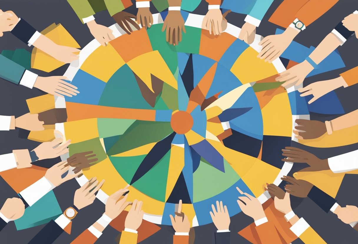 A diverse group of people gather around a circle, sharing stories and experiences. Symbols of different cultures and traditions are displayed, representing the power of community and the value of learning from mistakes