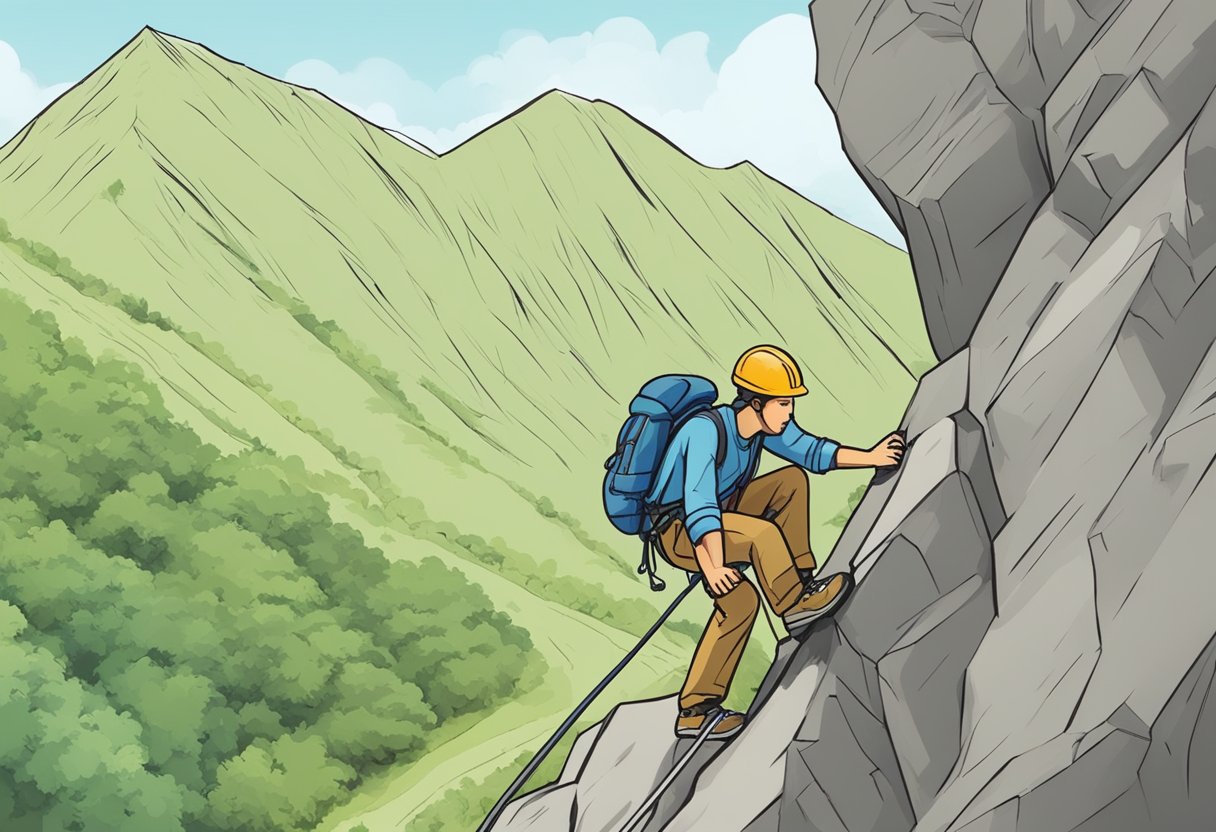 A person climbing a mountain, slipping and falling, then getting back up and continuing to climb. The mountain is steep and challenging, but the person persists, learning from each mistake and setback