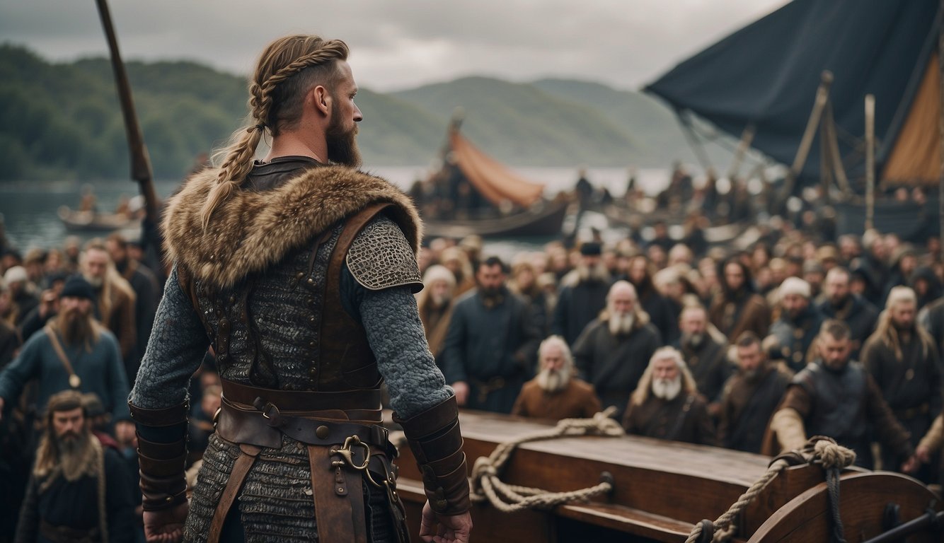 A Viking warrior stands on a ship, surrounded by weapons and offerings. A crowd watches as the warrior prepares for battle, invoking the power of sacrifice
