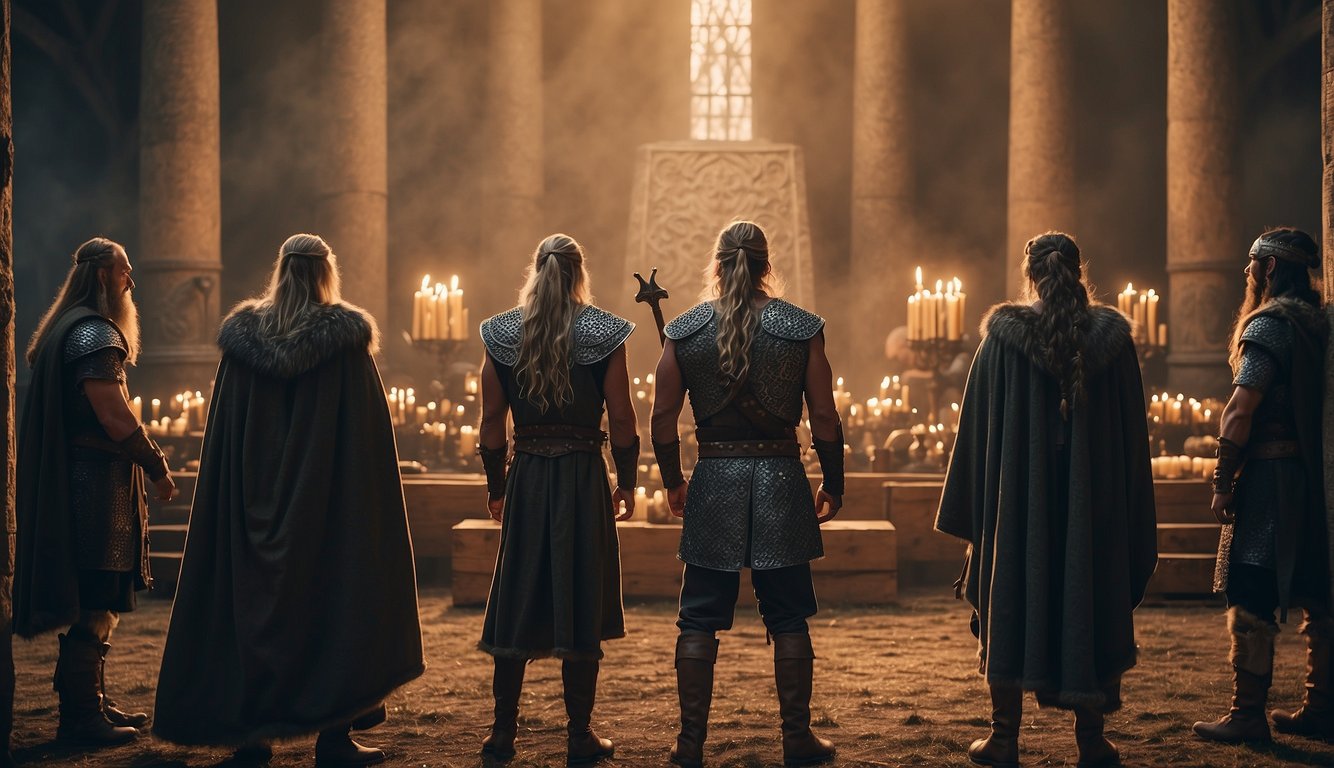 Viking warriors stand before a grand altar, offering livestock and valuable goods to the gods for success in battle