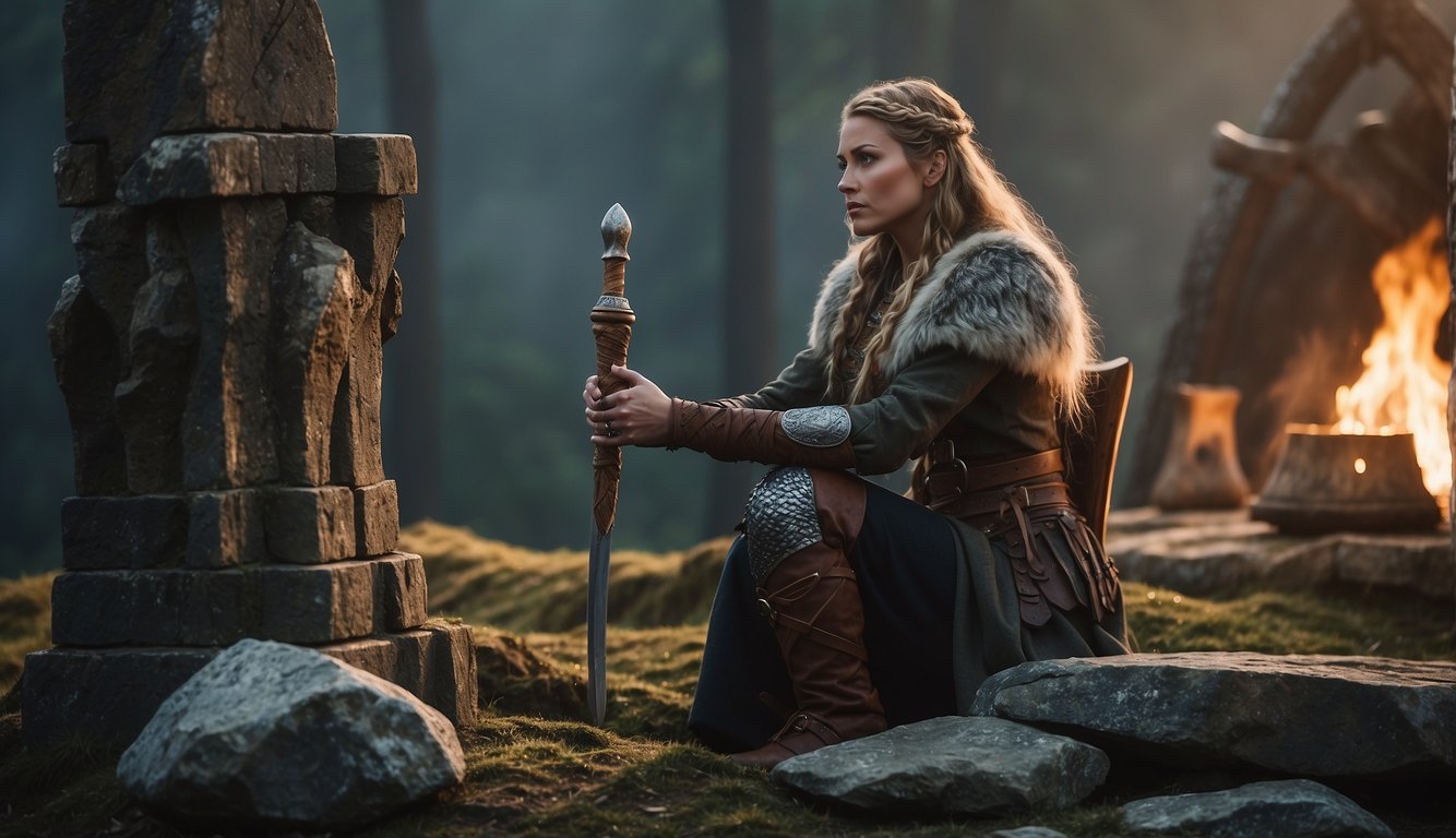 Viking warriors stand around a stone altar, with weapons and armor scattered nearby. A priestess holds a ceremonial dagger, while a captive animal awaits sacrifice