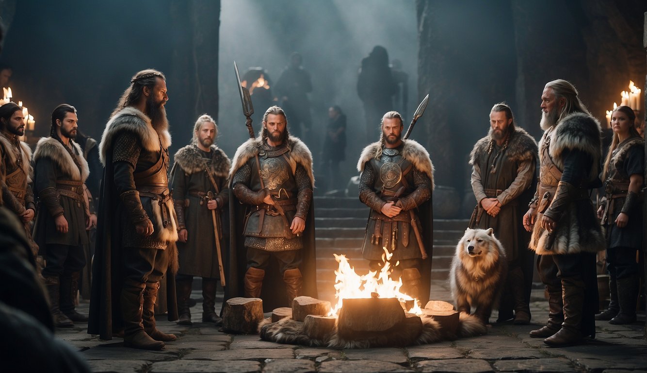 Viking warriors stand before a sacrificial altar, offering animals to the gods for military success. The scene is set against a backdrop of ancient Norse symbols and religious artifacts