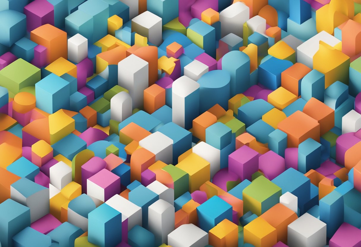 A group of diverse shapes and colors intersect, intertwine, and build upon each other, symbolizing collaboration and innovative problem-solving
